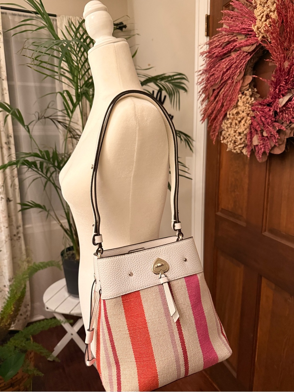 kate spade Cream Shoulder Bag with Pink & Orange Stripes